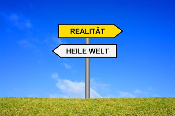 Signpost showing perfect world or reality in german