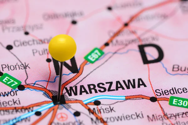 Warsaw pinned on a map of Poland