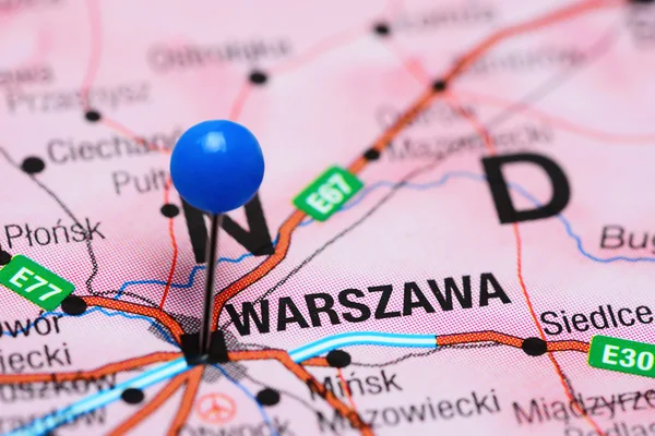 Warsaw pinned on a map of Poland