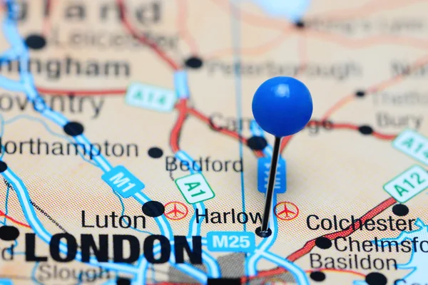 Harlow pinned on a map of UK