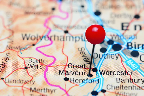 Malvern pinned on a map of UK