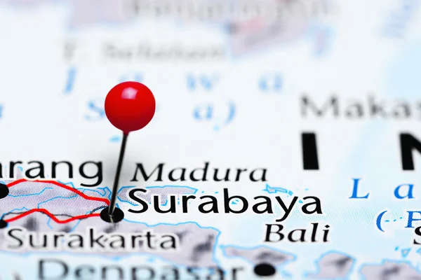 Surabaya pinned on a map of Indonesia