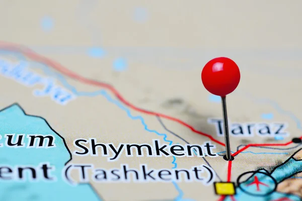 Shymkent pinned on a map of Kazakhstan