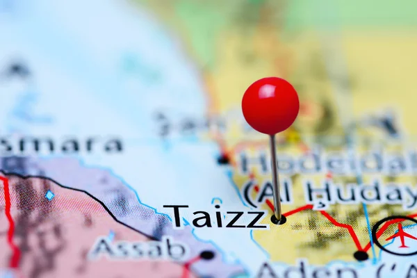 Taizz pinned on a map of Yemen