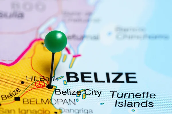 Belize City pinned on a map of Belize