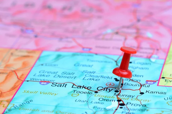 Salt Lake City pinned on a map of USA