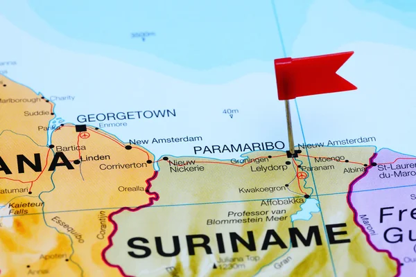 Paramaribo pinned on a map of America