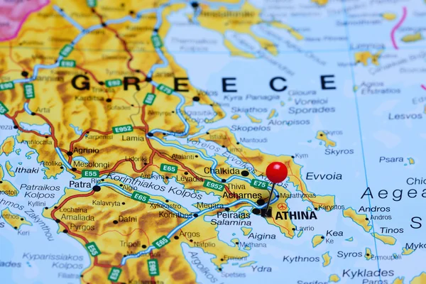 Athens pinned on a map of Greece
