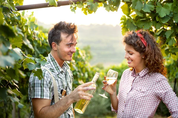 Farming couple drinking a glass of wine after the harvest