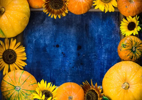 Frame of pumpkins and sunflowers on blue background.