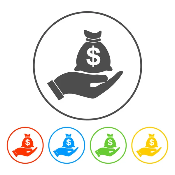 Money insurance sign. Hand holds cash bag in Dollars symbol. Modern UI website navigation. Vector