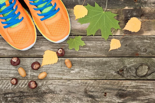 Sport shoes, autumn and chestnuts leaves on white wooden backgro