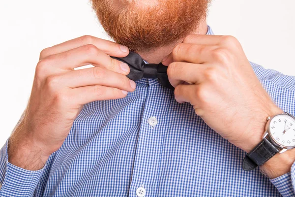 Bearded man tying a bow tie