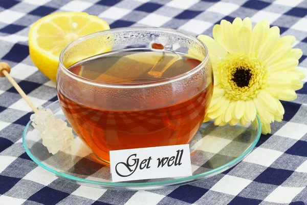 Get well card with cup of tea, lemon and cream gerbera daisy