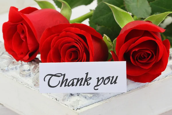 Thank you card with red roses on vintage tray