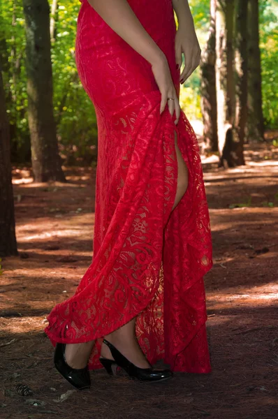 Beautiful sexy woman in a  red dress and black high heel shoes  in the forest