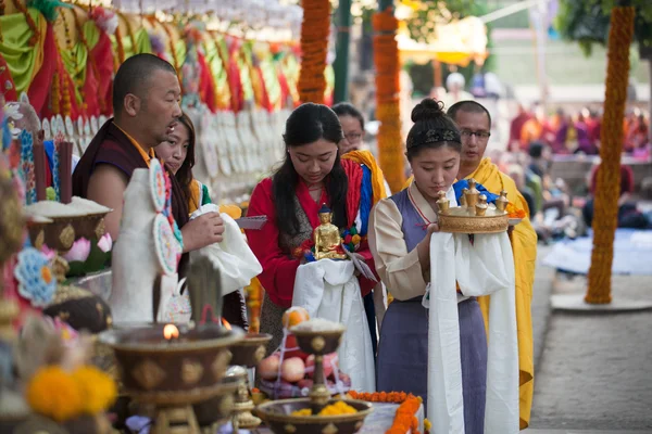 India. Bodhgaya. December 2013. Monlam - the main buddists festival of the year. Puja Offering.