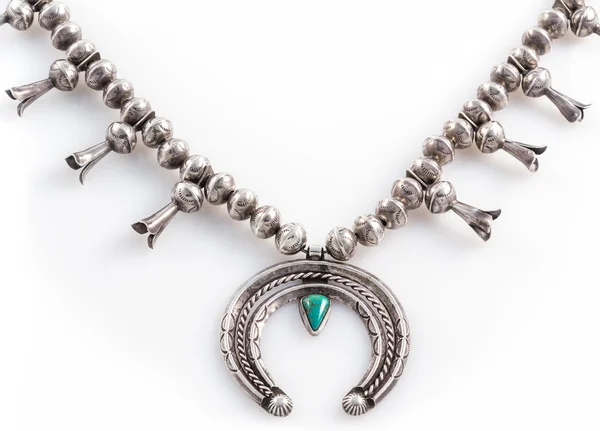 Navajo Sterling Silver and Turquoise Squash Blossom Necklace.