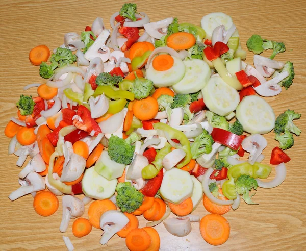 Miscellaneous fresh vegetables cut up in pieces ready for stir f