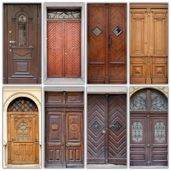 A photo collage l front doors to houses