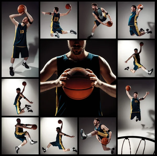 Collage of basketball photos - ball in hands and male player