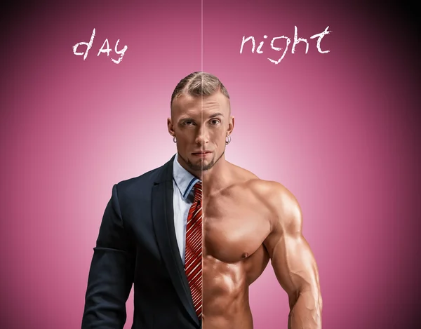 Attractive man in a business suit and without it on blue-pink background