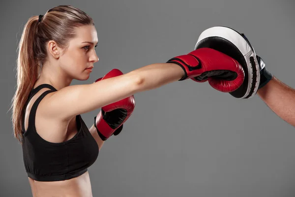 Beautiful woman is boxing on gray background