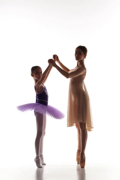 The little ballerina dancing with personal ballet teacher in dance studio