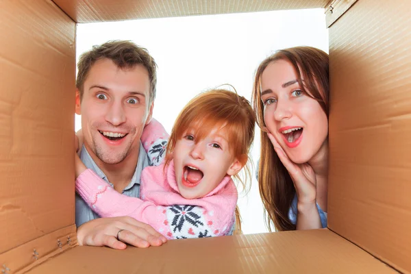 Family in a cardboard box ready for moving house