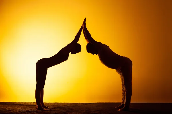 Two people practicing yoga in the sunset light