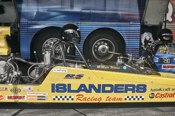 Norway drag racing, yellow race car side view