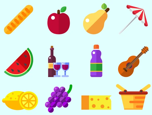 Summer picnic icon: umbrella, guitar, basket with food, fruits, barbecue.