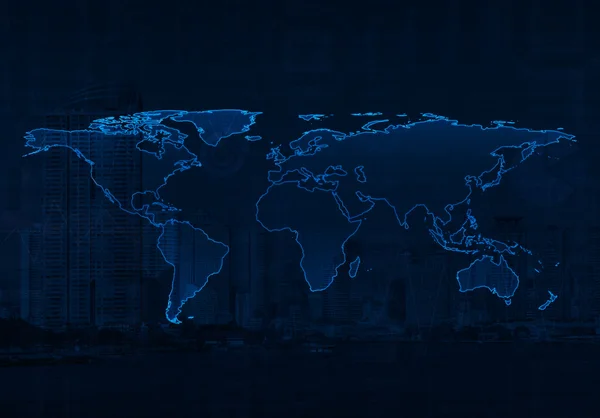 Light blue world map on city and business graph background, Elem