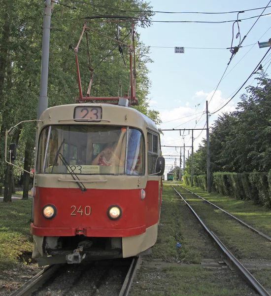 Driver is driving tramway in Yekaterinburg, Russia