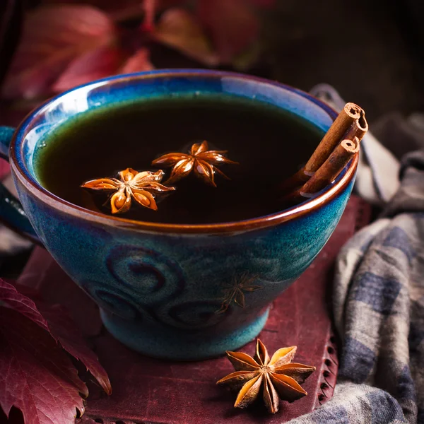 Cup of hot spicy tea with anise and cinnamon, selective focus