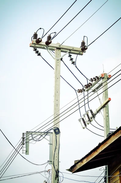 Electric pillar with transformer in the electric network. Outdoor view