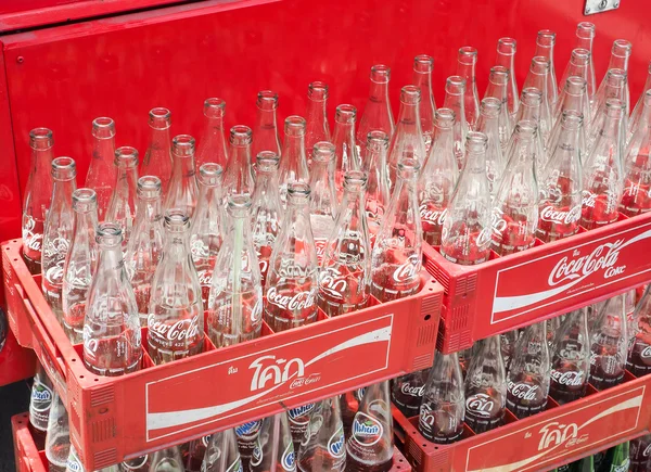 Empty recycle bottles of Coca Cola in red plastic box