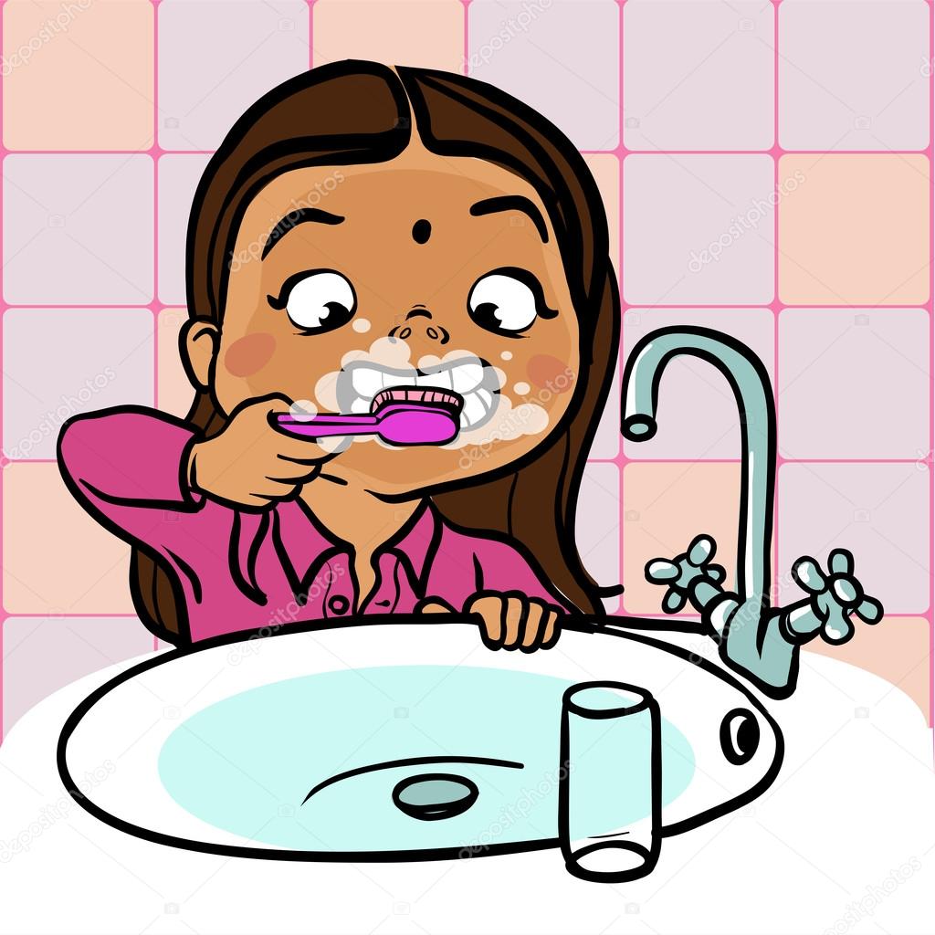 Niña de divertidos dibujos animados cepillarse sus dientes. Ilustración