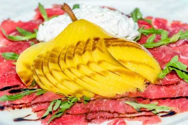 Beef Carpaccio with sliced pear and cream cheese