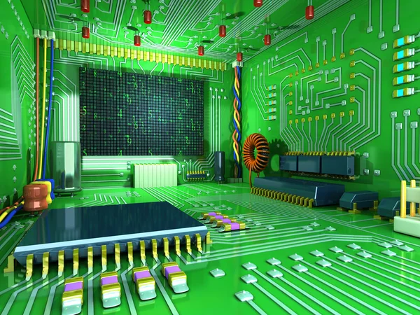 Fantasy digital room. Futuristic home inside. All in the interior made of electronic components