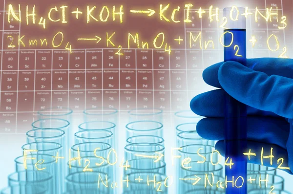 Laboratory test tubes with gold chemical equation background