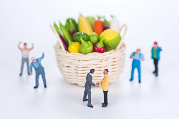 Miniature team make agreement with vegetable basket on white bac