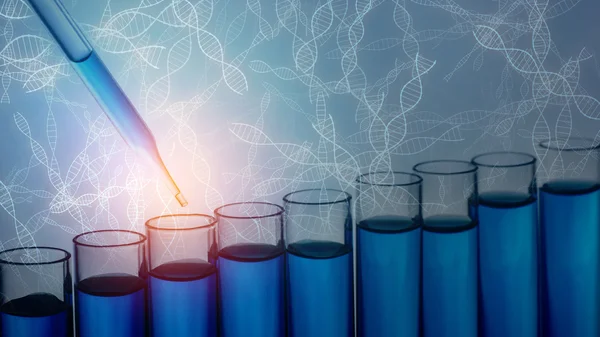 Science laboratory test tubes with DNA sign background
