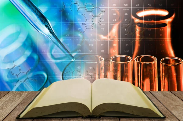 Open book with science laboratory test tube background
