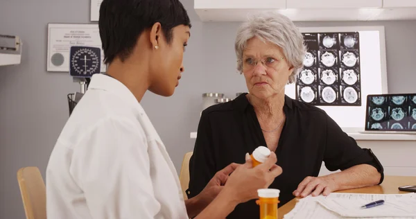 Young intelligent female doctor prescribing medication to patient