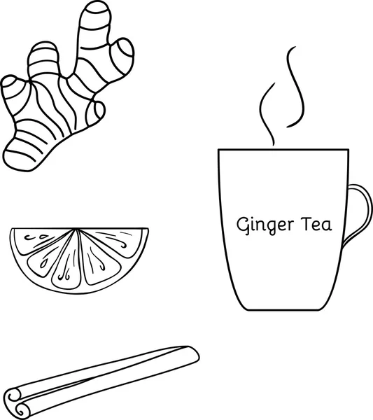 Cold and flu natural relief vector herbal tea set. Ginger, lemon, lime, cinnamon. Isolated image. Hand drawn style.