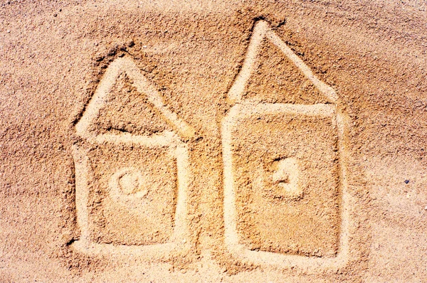 Drawing of lodges on sea sand. Sea tour.