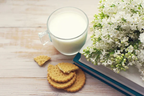 Milk mug, cookies and books with a bouquet of a white lilac