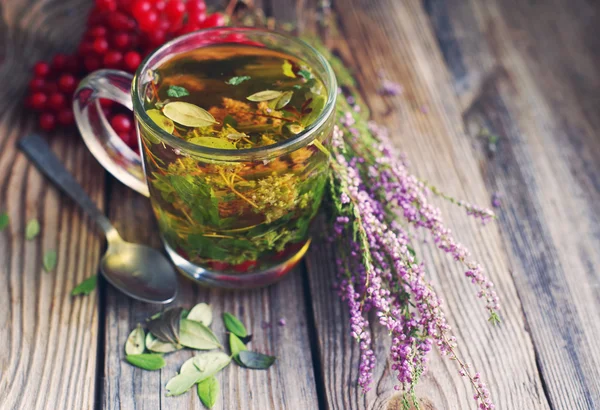 Herbal tea in a transparent glass mug, berries of a guelder-rose and forest herbs