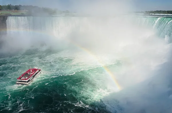 Boat with tourists sailing under the rainbow towards Niagara fal